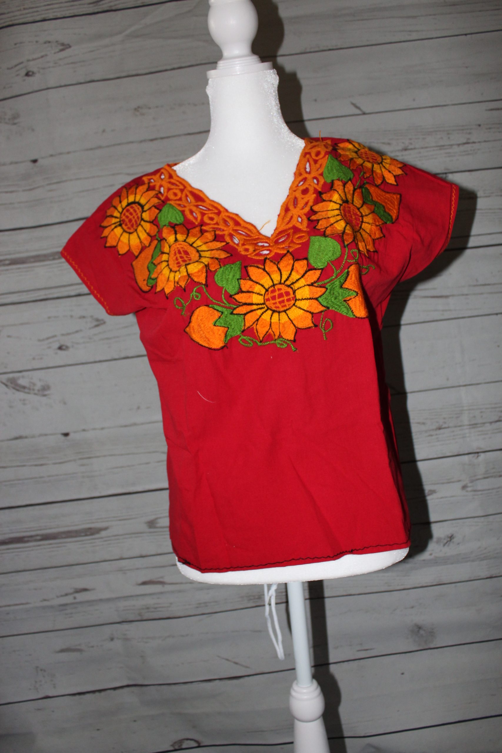 x-small red blouse with embroidered sunflowers and green leaves