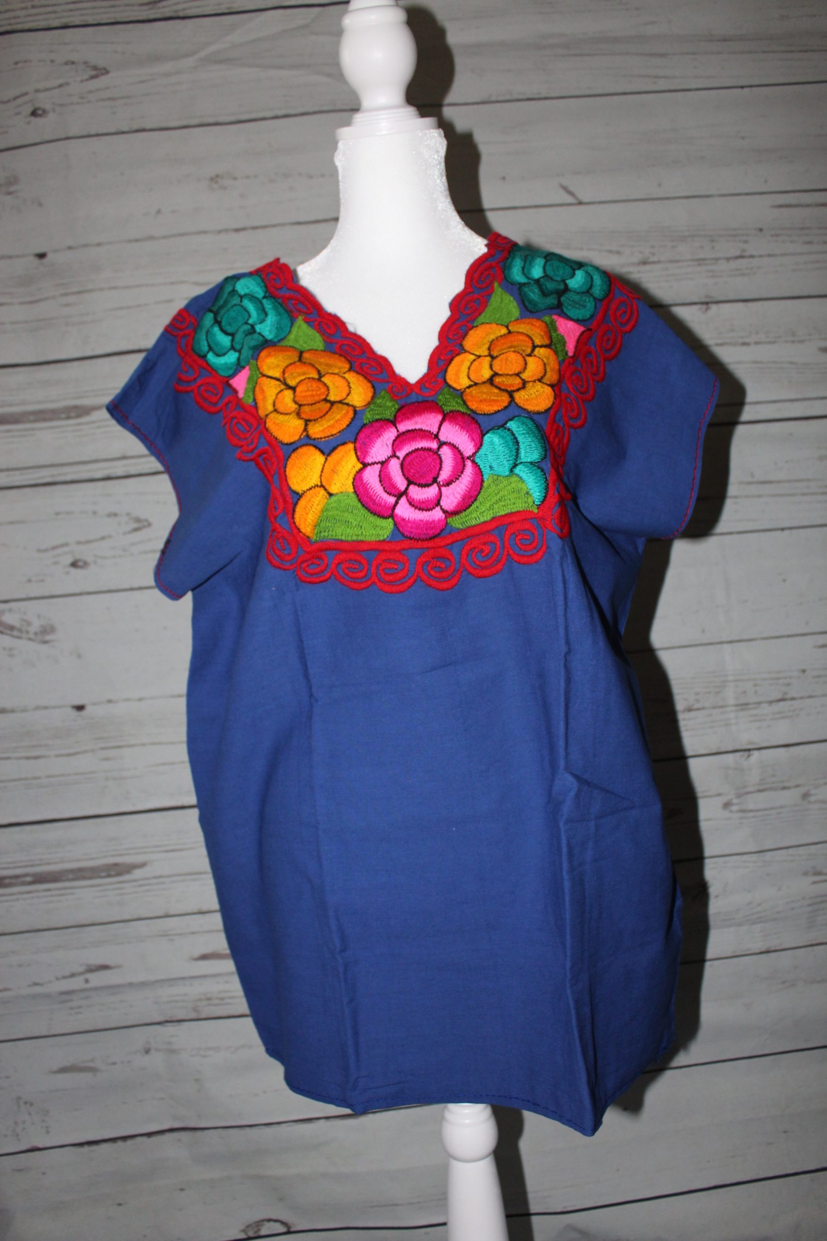 Medium blouse blue with pink, teal and yellow embroidered flowers