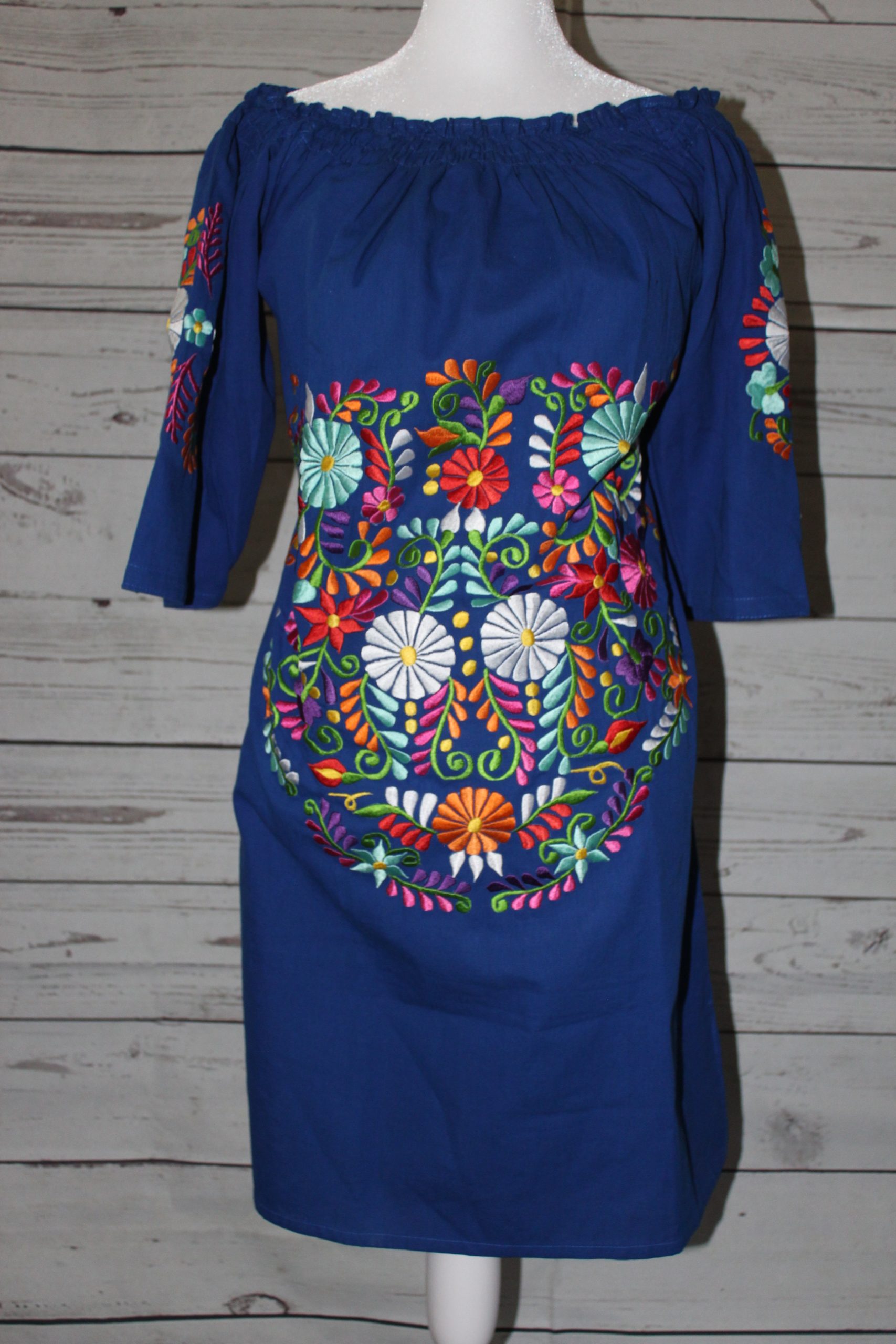 Blue ( Medium) 3/4 sleeve embordered dress with elastic neck line